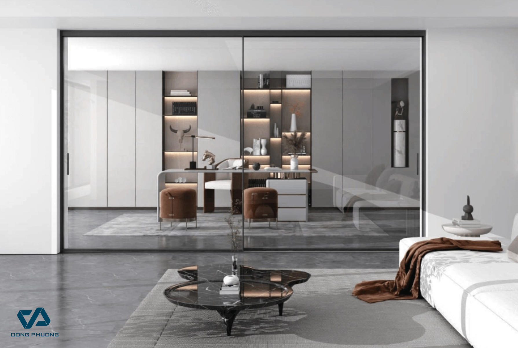 Cửa Slim lùa hai cánh nội thất sang trọng