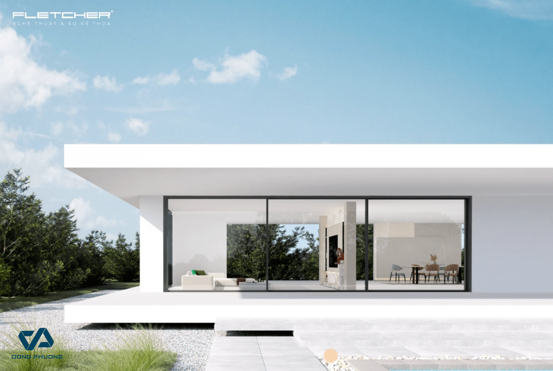 Cửa lùa 3 cánh với khung nhôm siêu mảnh giúp mở rộng tầm nhìn toàn cảnh