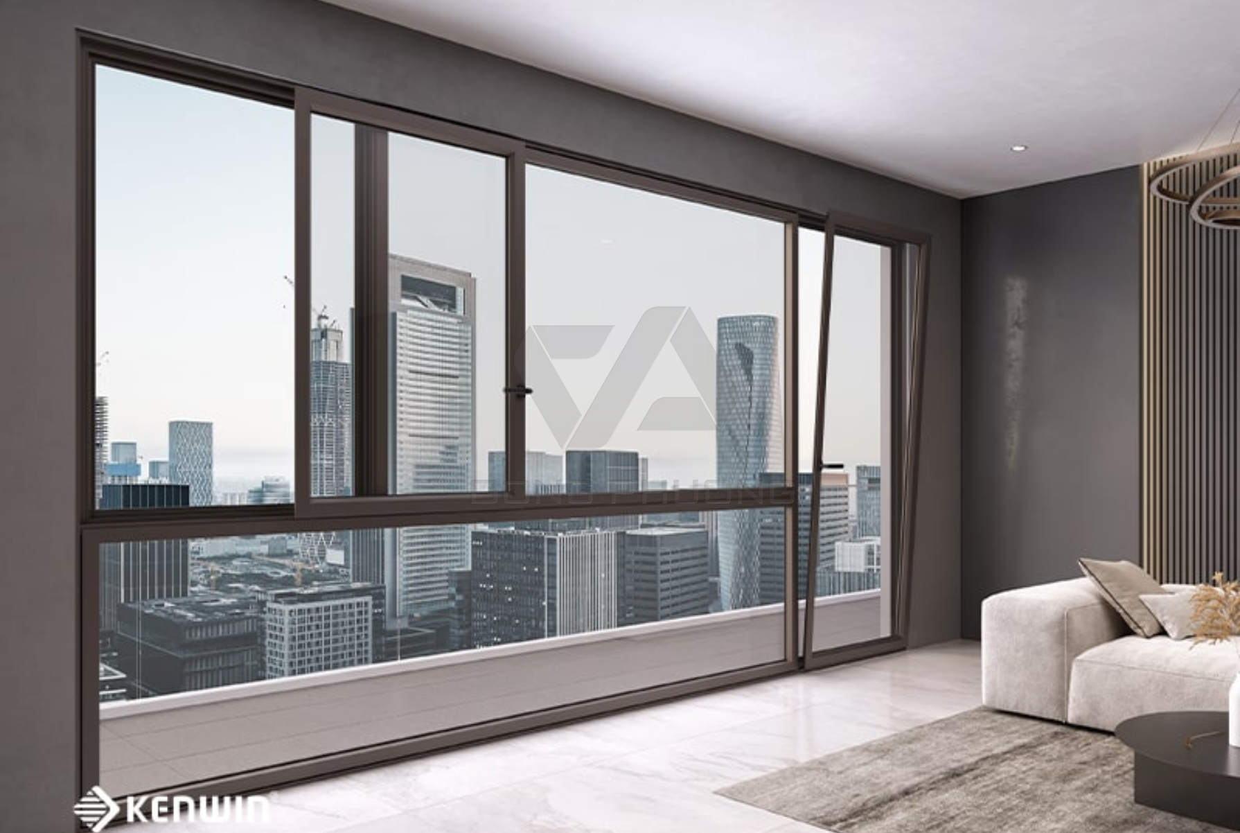 cửa sổ trượt lật kết hợp vách kính cố định phía bên dưới và cửa đi trượt lật bên hông