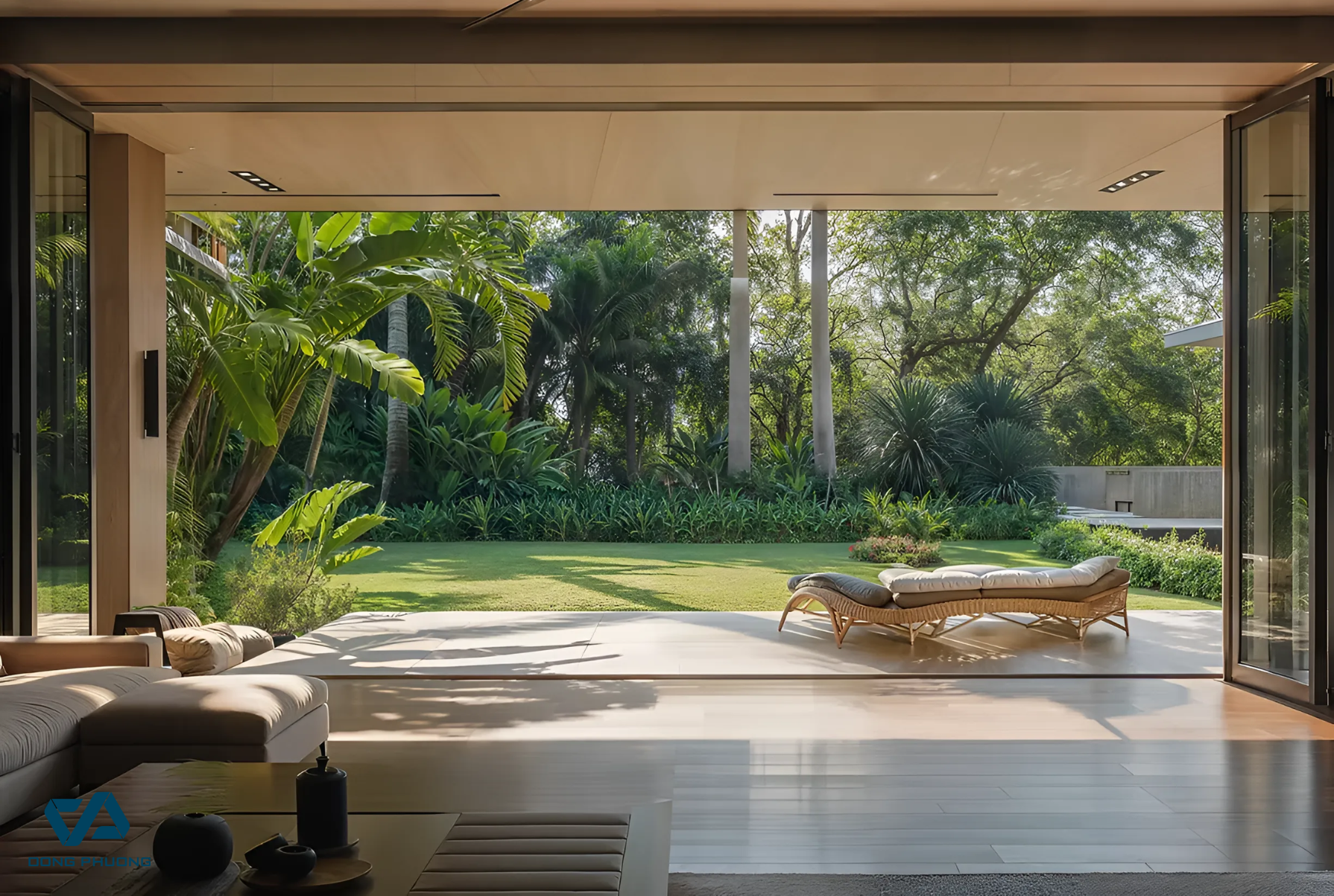 Không gian mở với cửa xếp trượt Aluman – thiết kế tối giản, đường nét tinh tế giúp căn biệt thự hòa cùng thiên nhiên.
