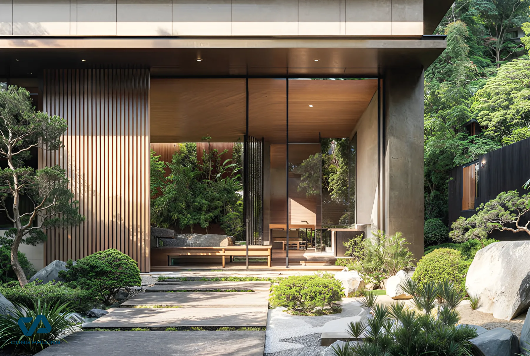 Mặt tiền biệt thự sử dụng hệ cửa đi Aluman cao kịch trần, kết hợp lam gỗ và mảng xanh – biểu tượng cho sự cân bằng giữa thiên nhiên và công nghệ.