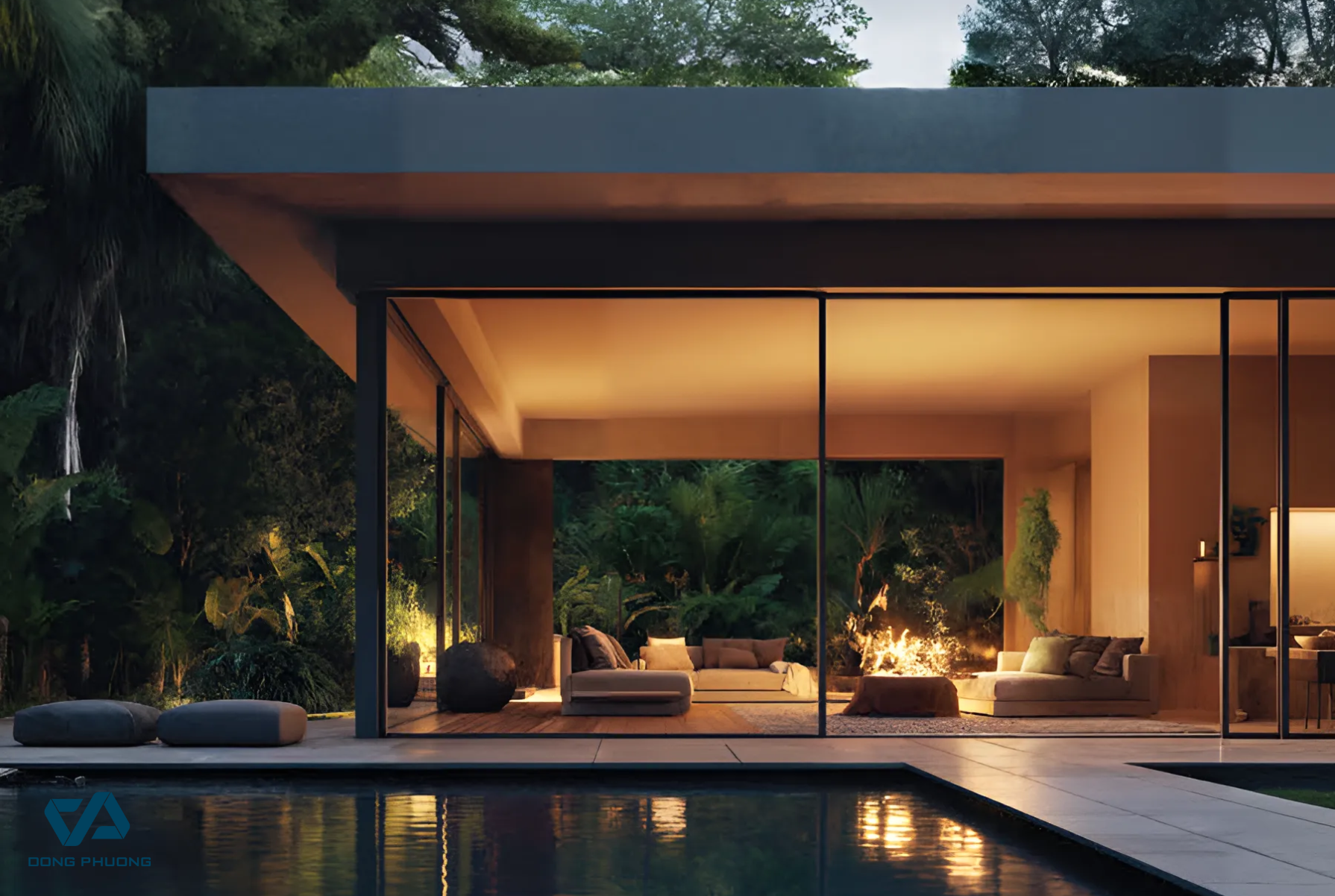 Cửa nhôm Aluman khung mảnh, kính lớn phản sáng nhẹ – tôn vẻ sang trọng và ấm cúng cho kiến trúc biệt thự hiện đại về đêm.
